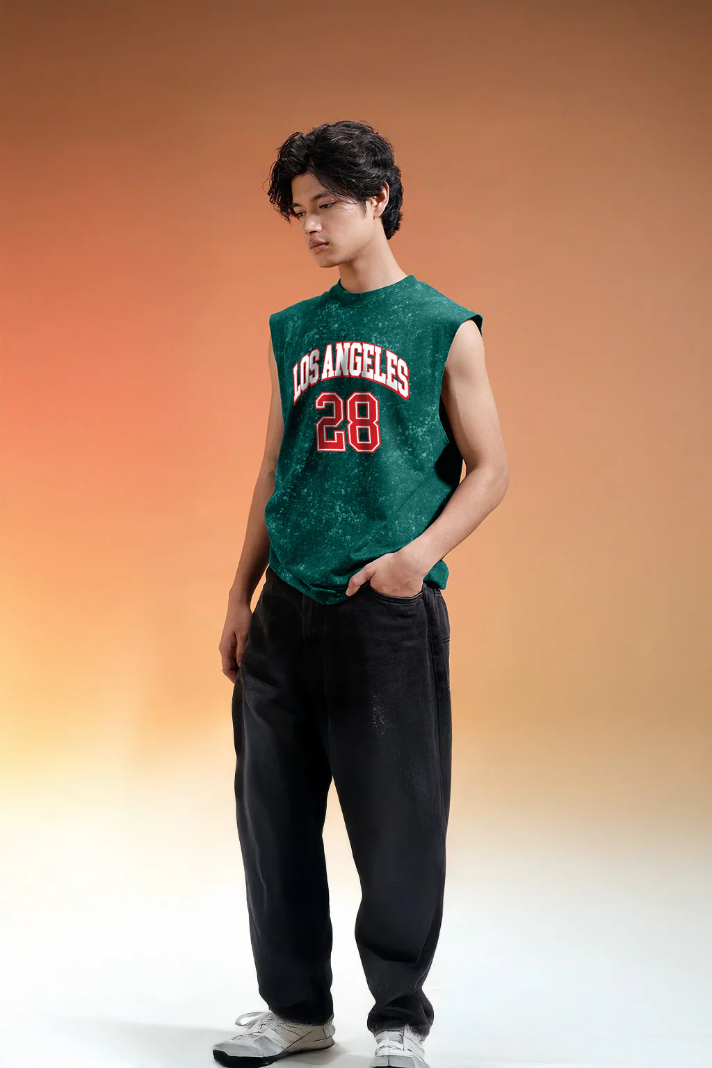 Los Angeles Green Oversized Printed Acid Wash Vest - Image 4