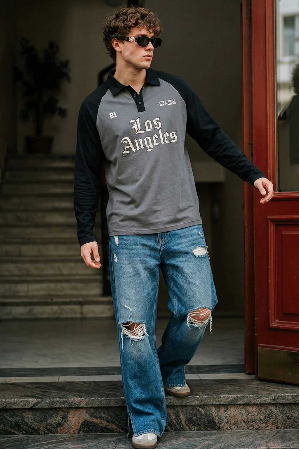 Los Angeles Grey Oversized Full Sleeve Exclusive Polo T-shirt - Image 6