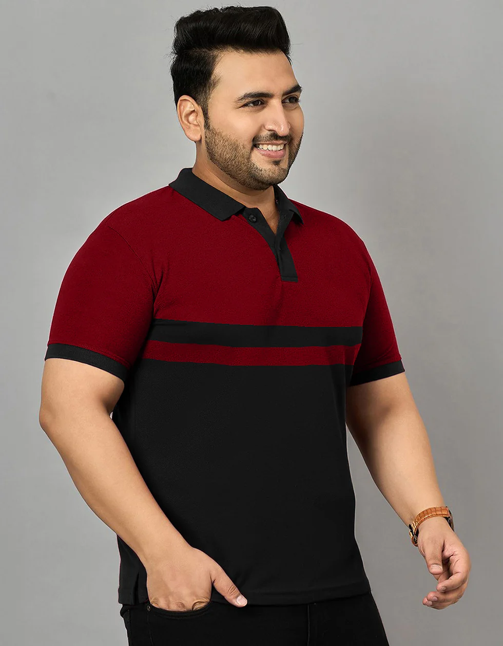 Maroon And Black Striped Plus Size Polo T-shirt - Image 2