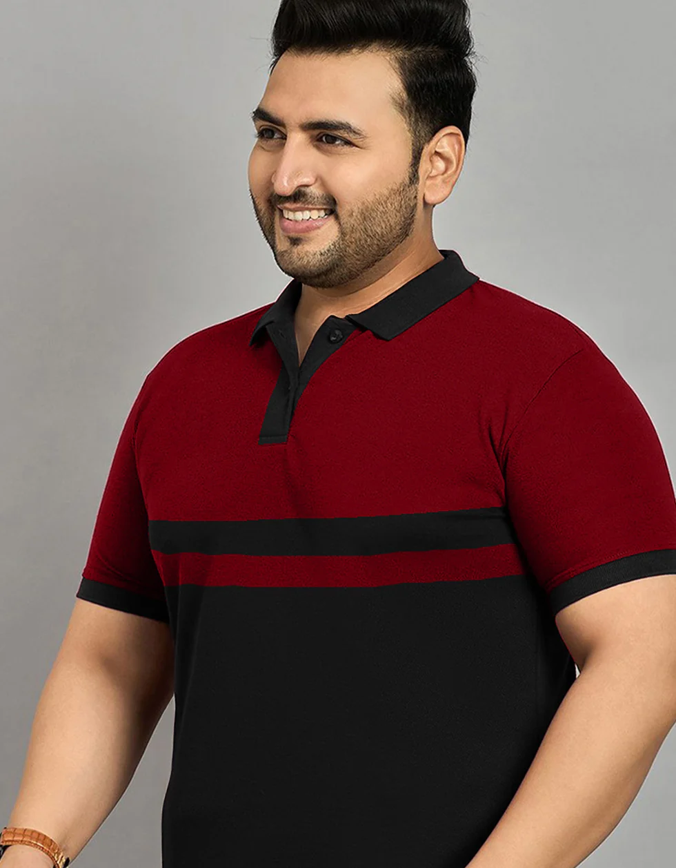 Maroon And Black Striped Plus Size Polo T-shirt - Image 4