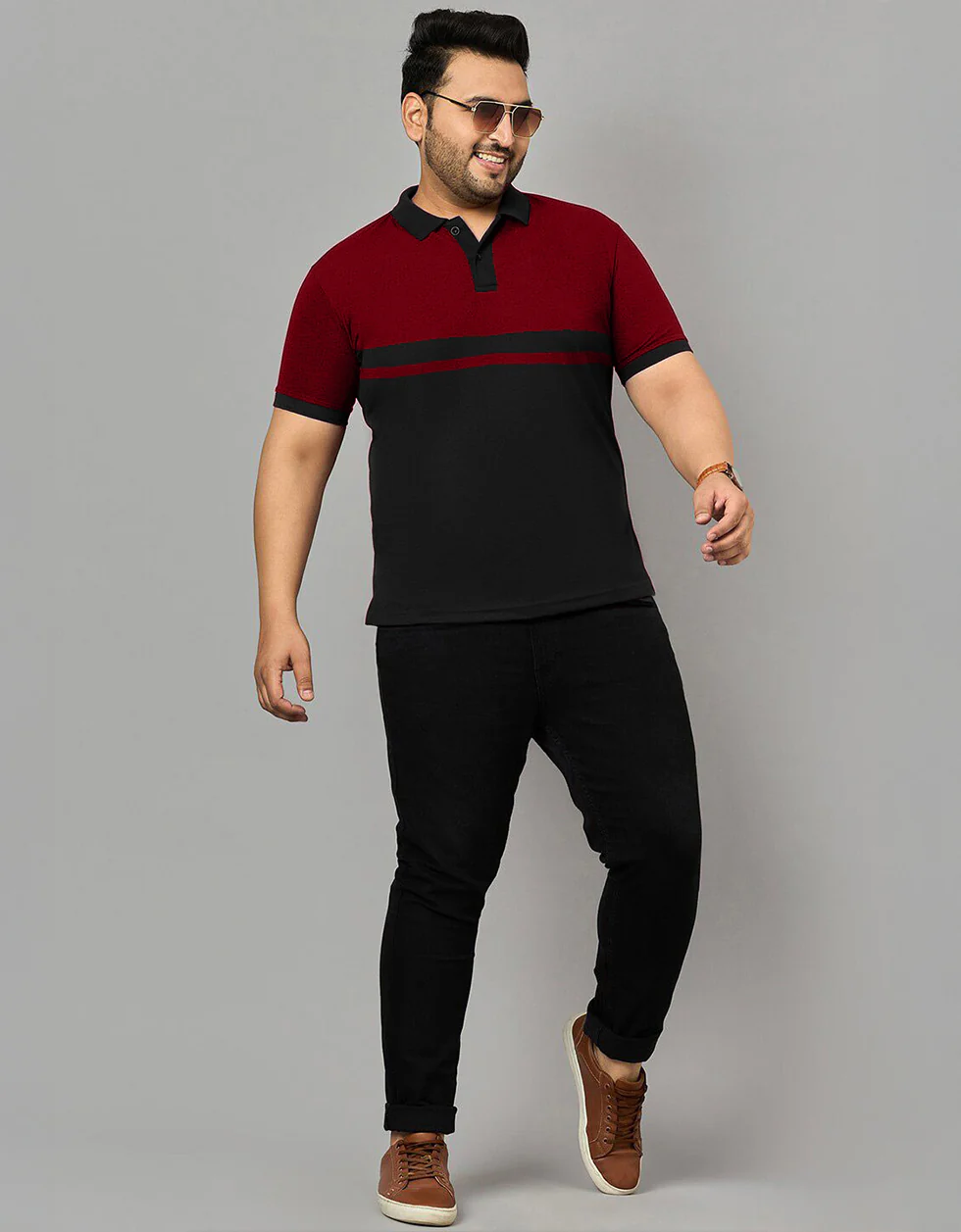 Maroon And Black Striped Plus Size Polo T-shirt - Image 5