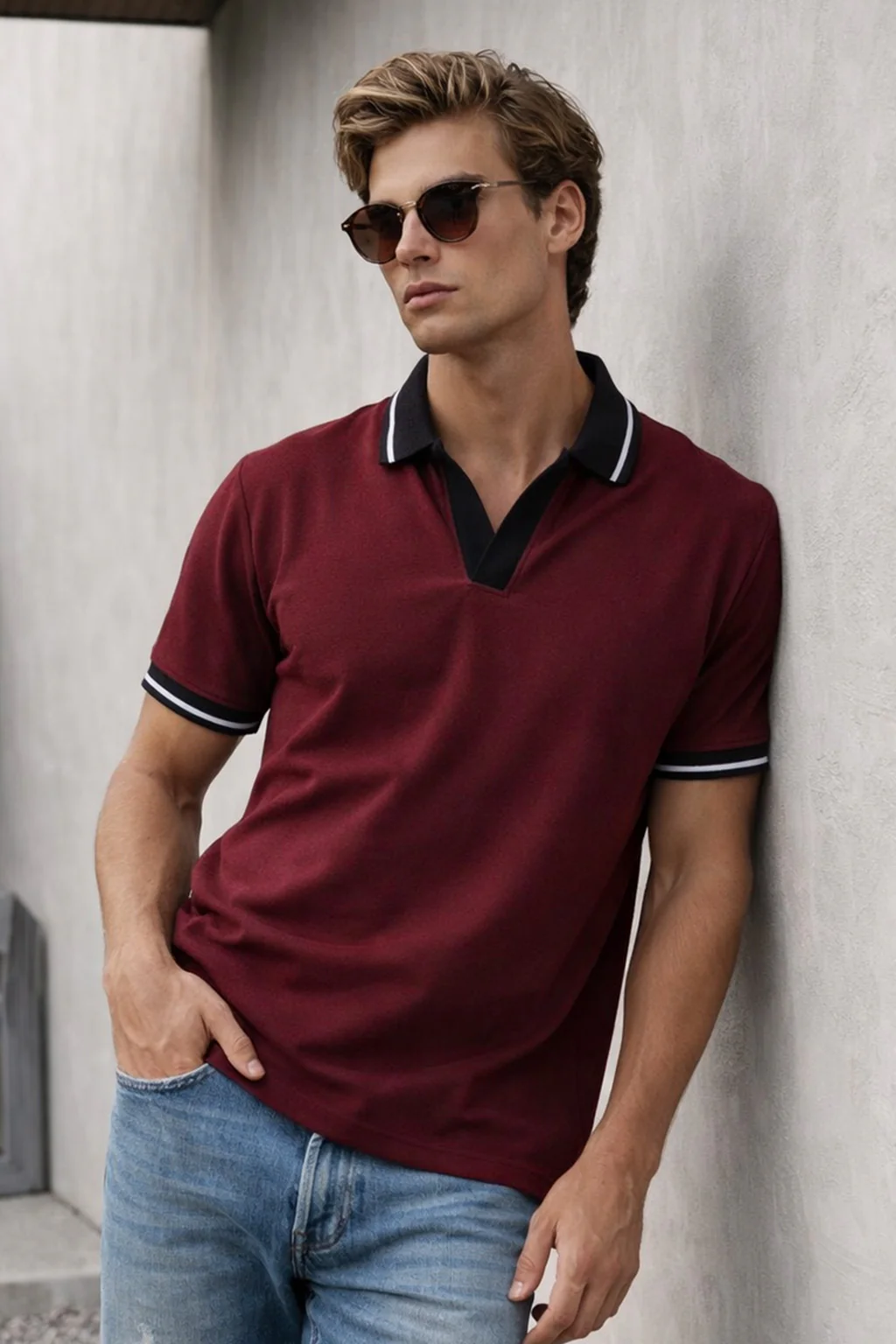 Maroon Contrast Stripped Rib Collar Economic Regular Fit Pique Polo