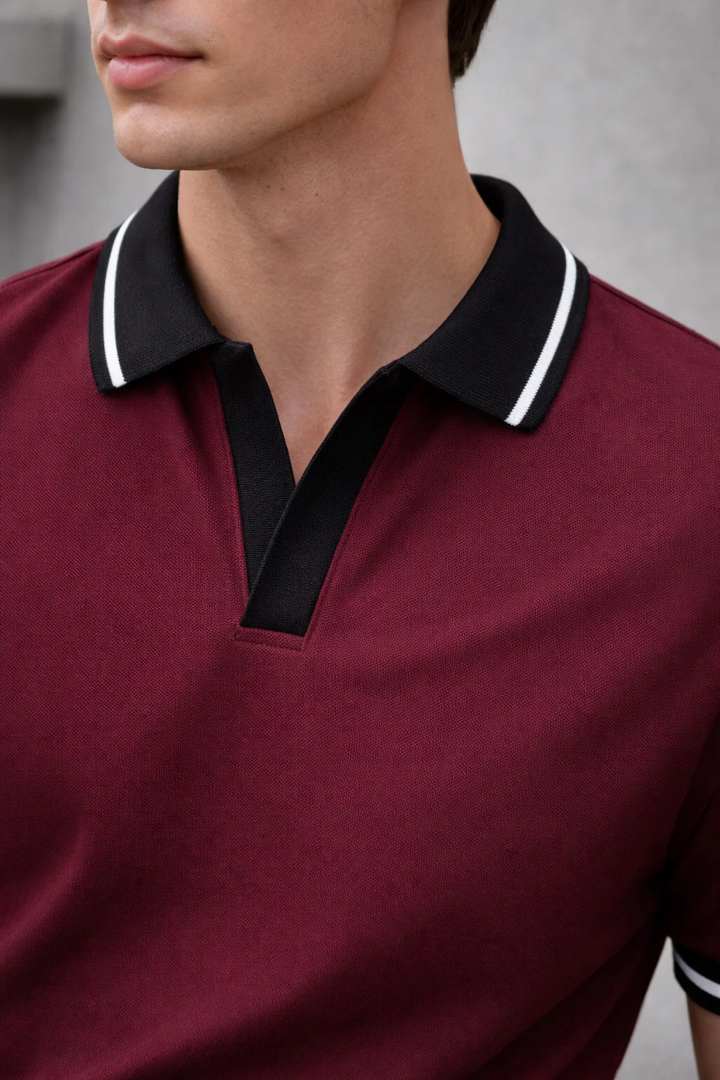 Maroon Contrast Stripped Rib Collar Economic Regular Fit Pique Polo - Image 2