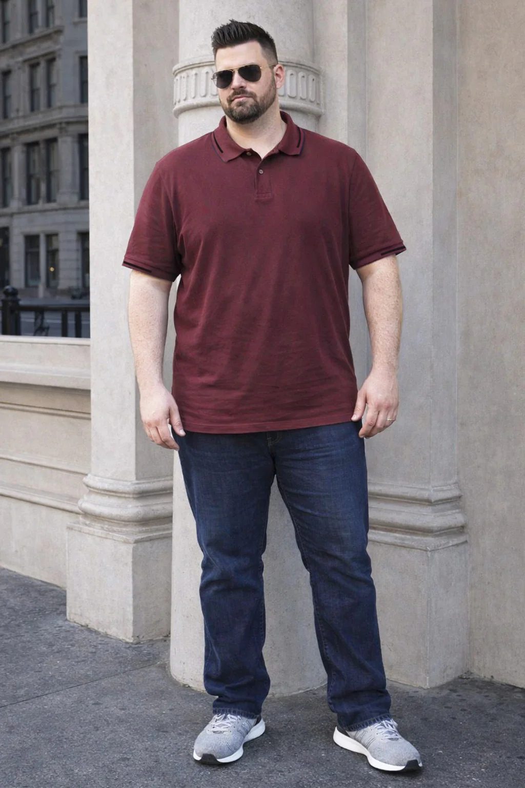 Maroon Pique Stripe Collar Plus Size Tipping Polo T-shirt - Image 4