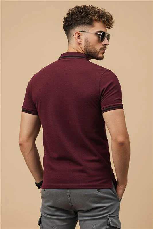 Maroon Pique Stripe Collar Regular Fit Tipping Polo T-shirt - Image 2
