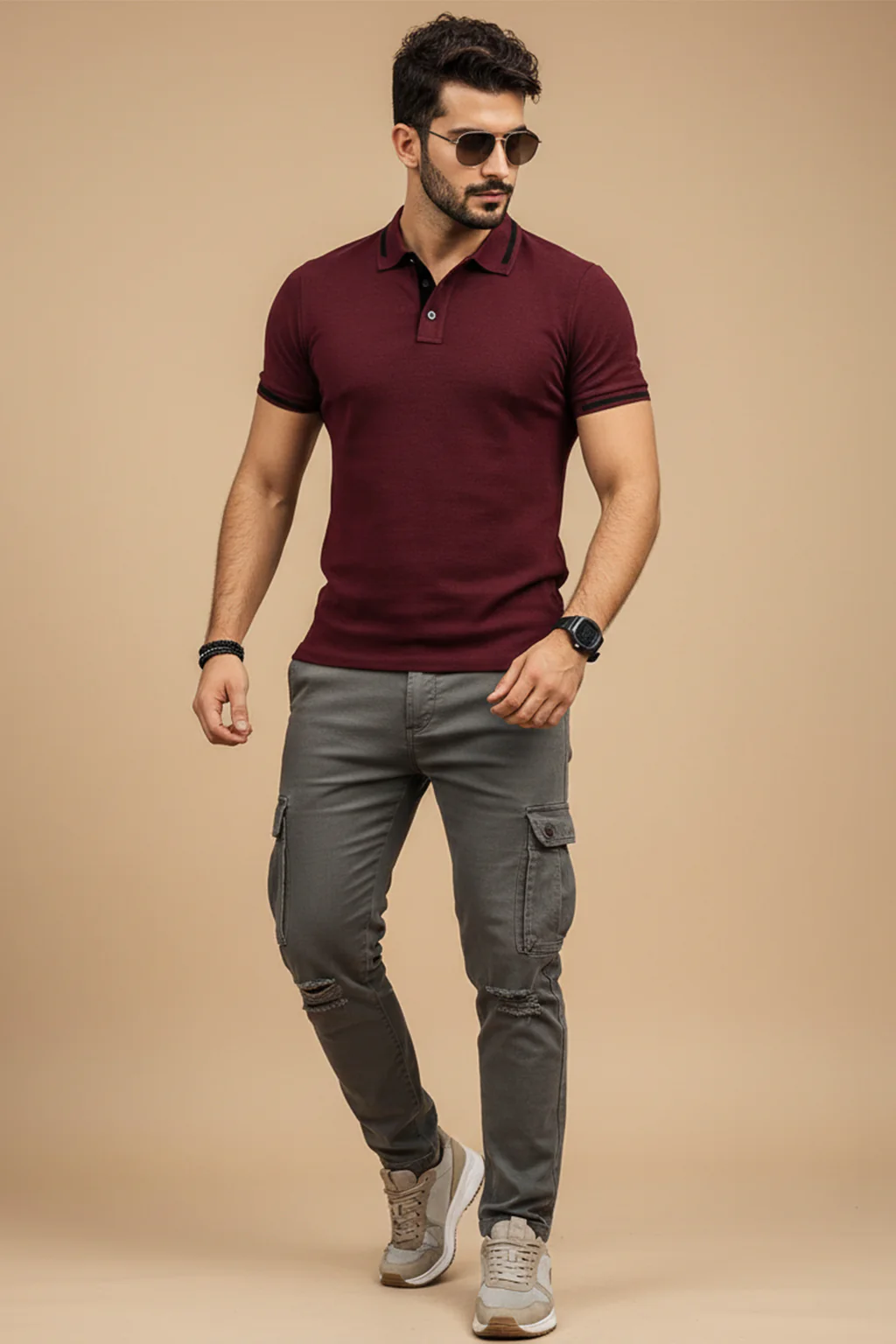 Maroon Pique Stripe Collar Regular Fit Tipping Polo T-shirt - Image 3