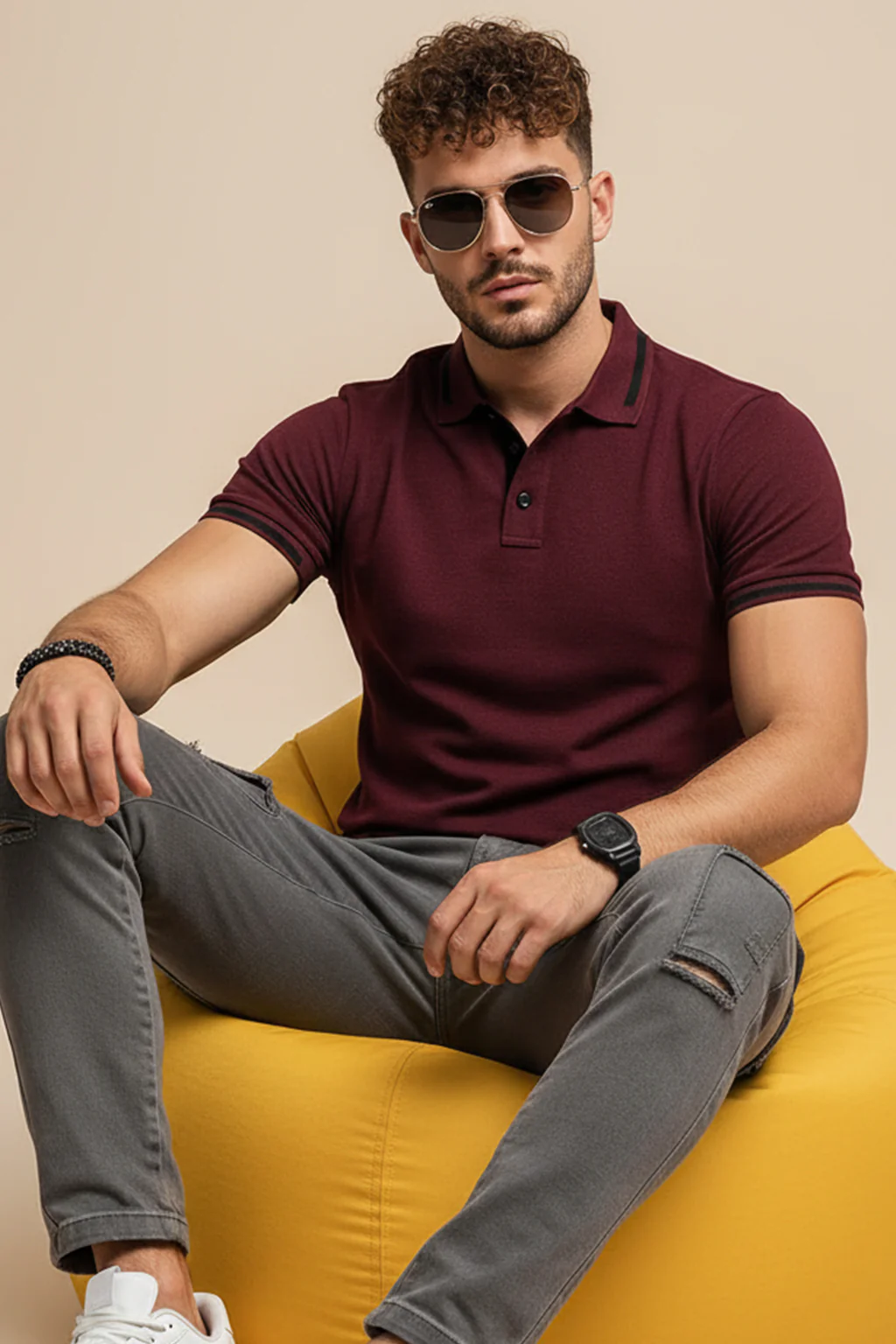 Maroon Pique Stripe Collar Regular Fit Tipping Polo T-shirt - Image 4