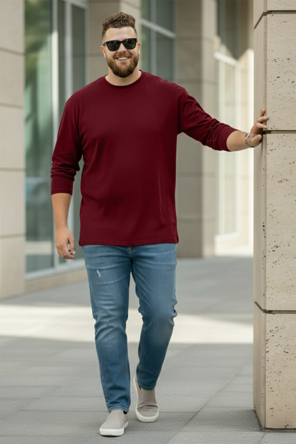 Maroon Plain Full Sleeve Plus Size T-shirt - Image 4