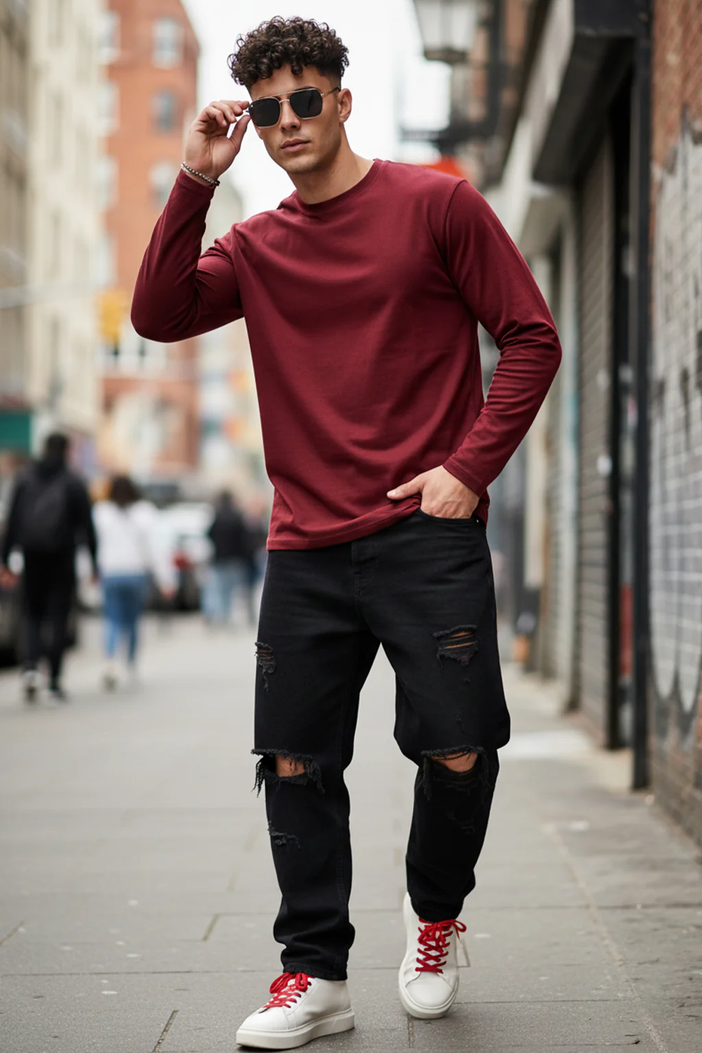 Maroon Plain Full Sleeves Regular Fit T-shirt - Image 4