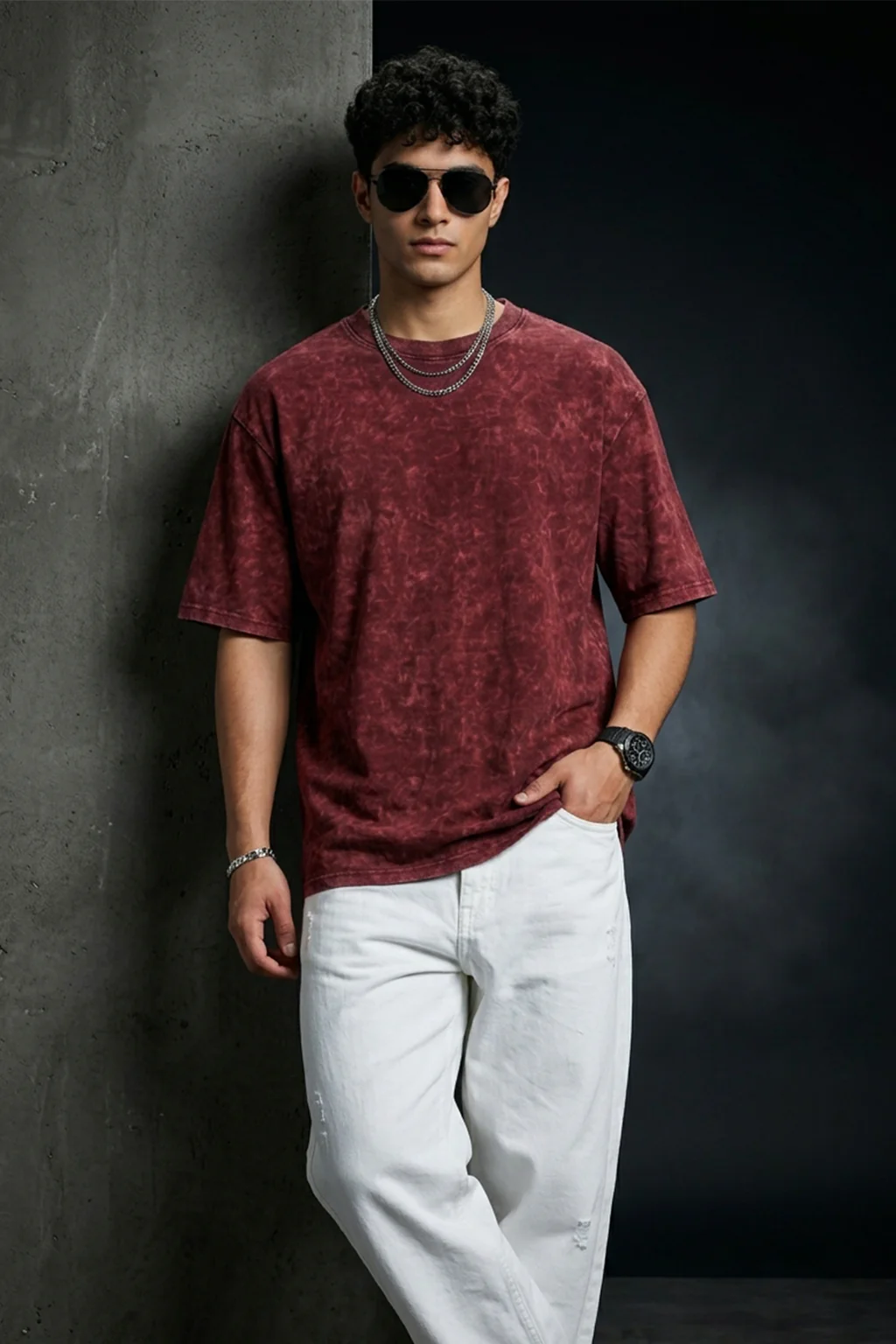 Maroon Plain Oversized Acid Washed Exclusive T-shirt - Image 4