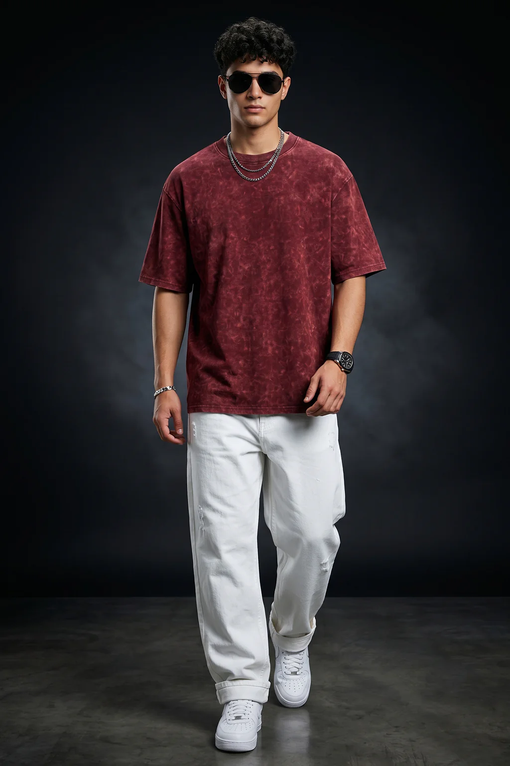 Maroon Plain Oversized Acid Washed Exclusive T-shirt - Image 5