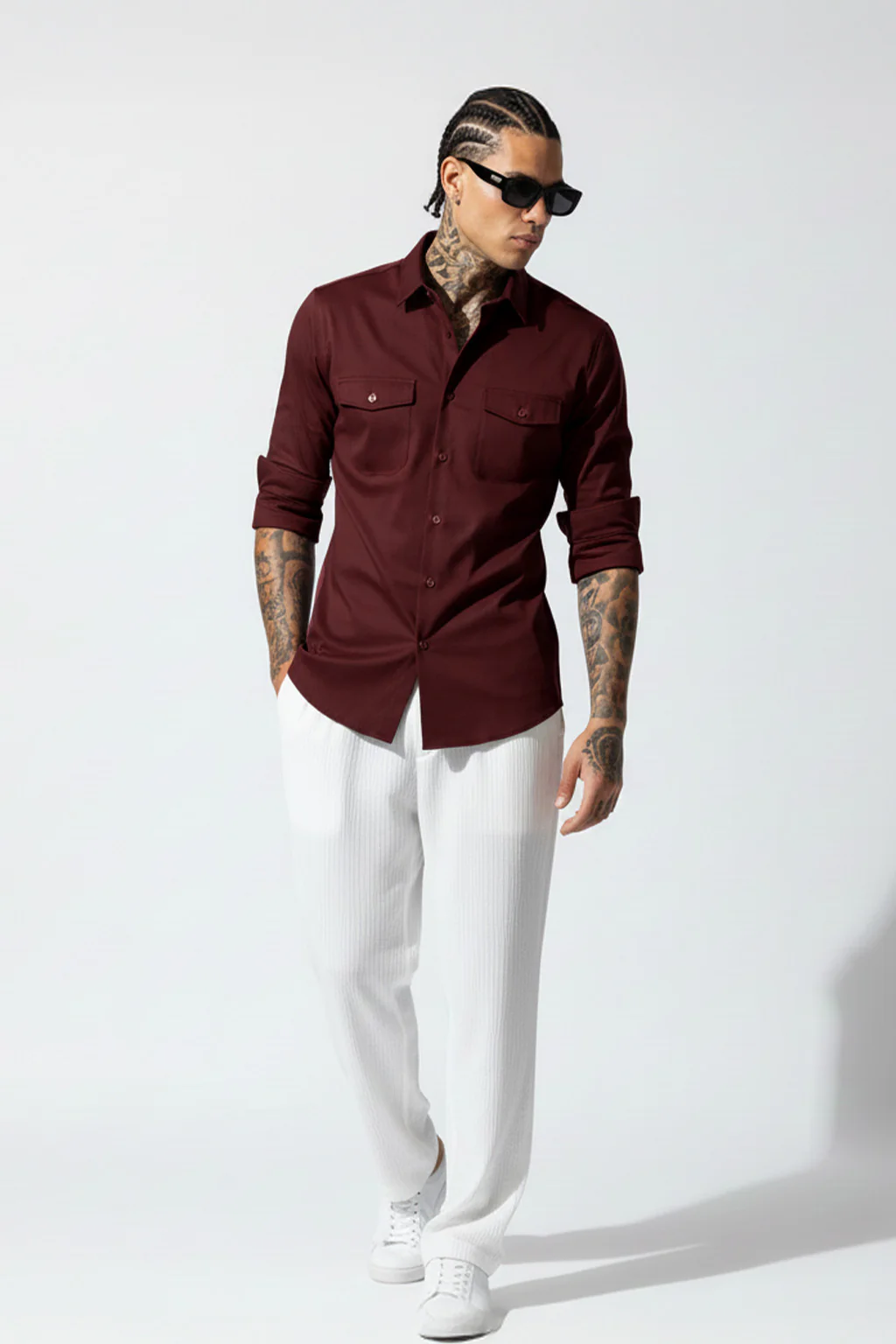 Maroon Plain Relaxed Fit Full Sleeve Dual Pocket Utility Exclusive Shirt