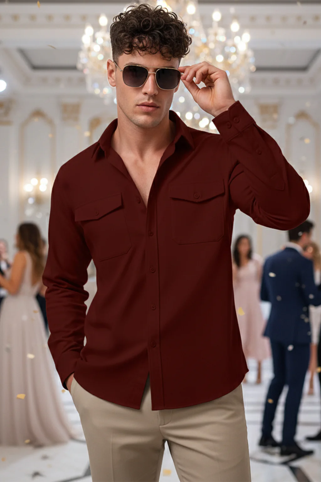 Maroon Plain Relaxed Fit Full Sleeve Dual Pocket Utility Exclusive Shirt - Image 2