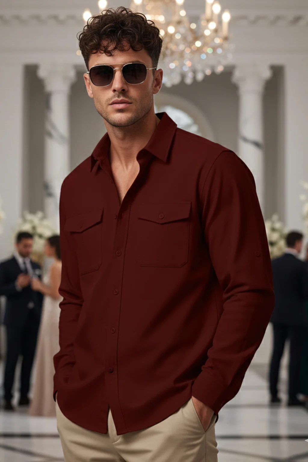 Maroon Plain Relaxed Fit Full Sleeve Dual Pocket Utility Exclusive Shirt - Image 3