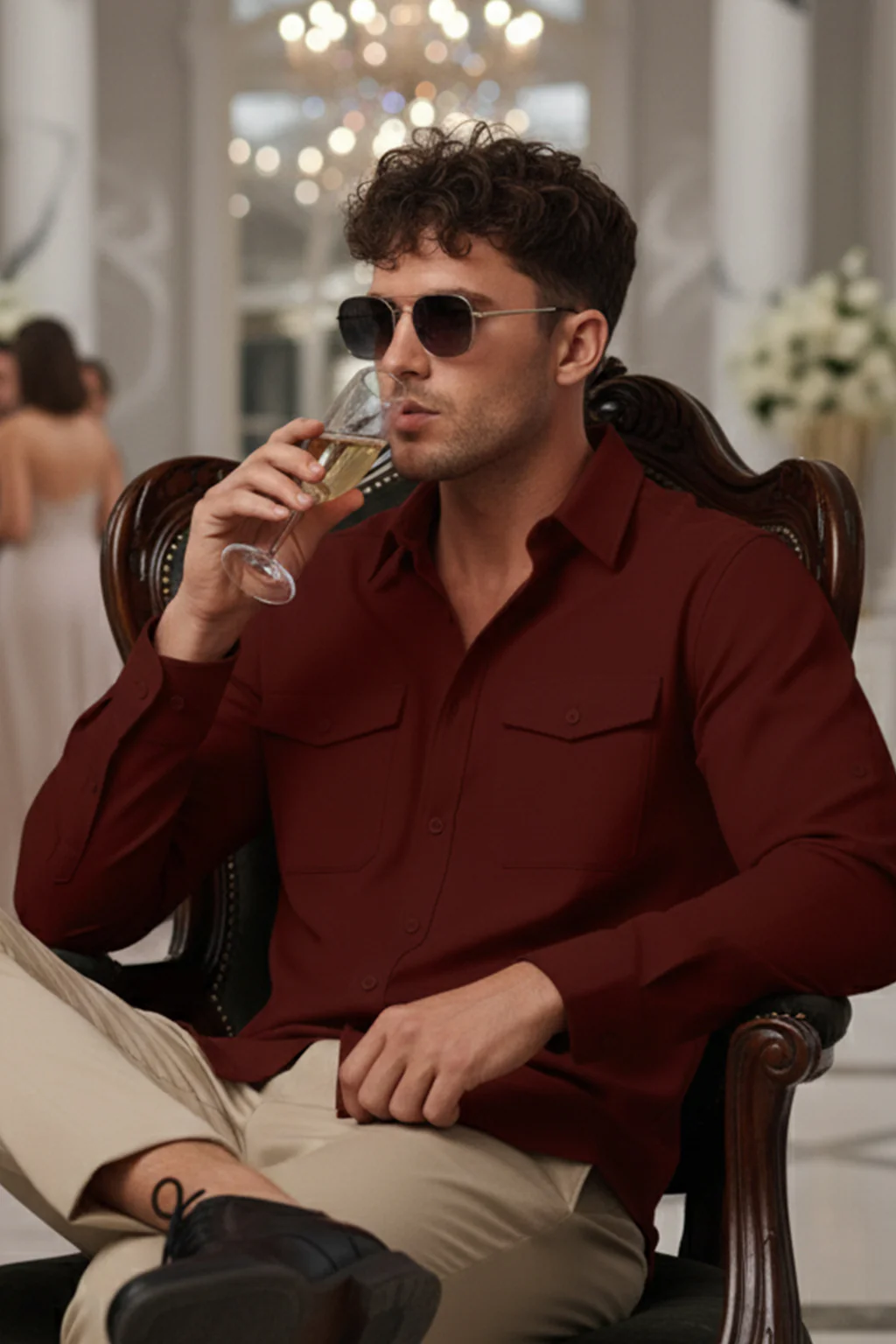 Maroon Plain Relaxed Fit Full Sleeve Dual Pocket Utility Exclusive Shirt - Image 5