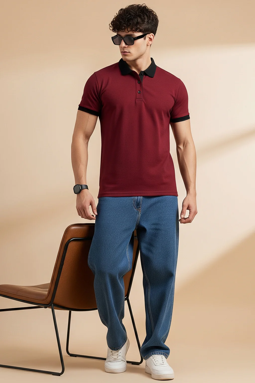 Maroon Black Cotton Regular Fit Polo T-shirt - Image 3