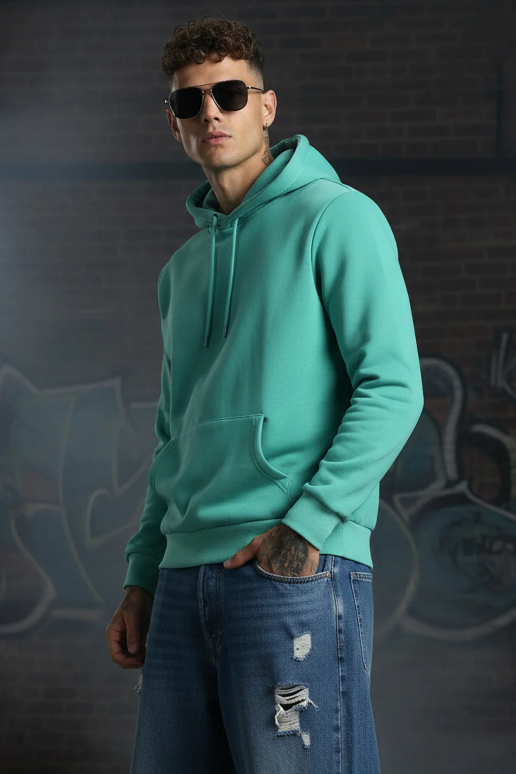 Green Plain Regular Hoodie - Image 4
