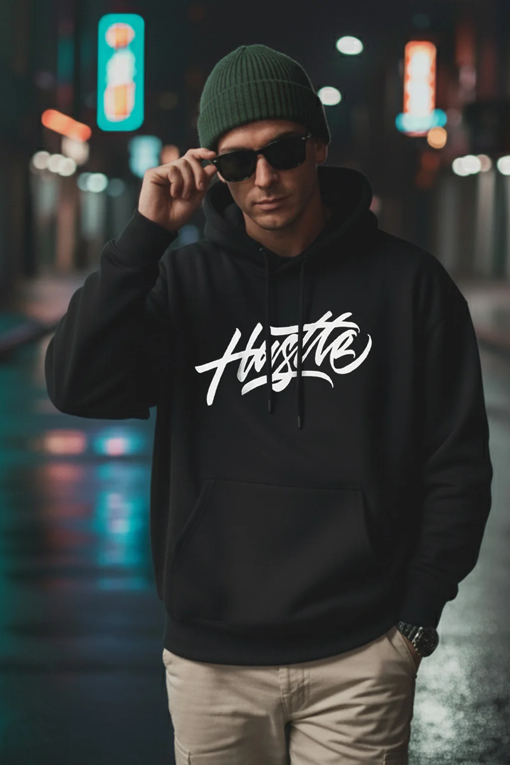 Hustle Black Oversized Back Graphic Printed Hoodie - Image 3