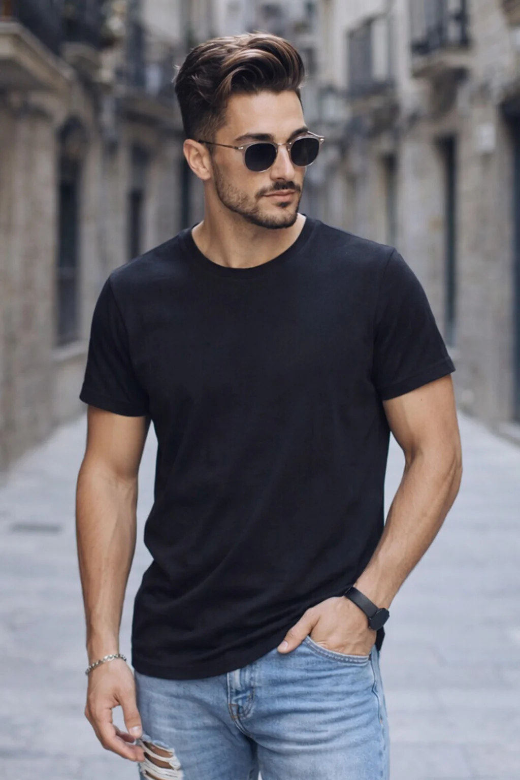 Black Plain Regular Fit T-shirt - Image 3