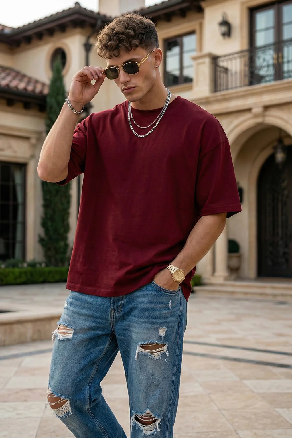 Maroon Plain Oversized T-shirt - Image 3