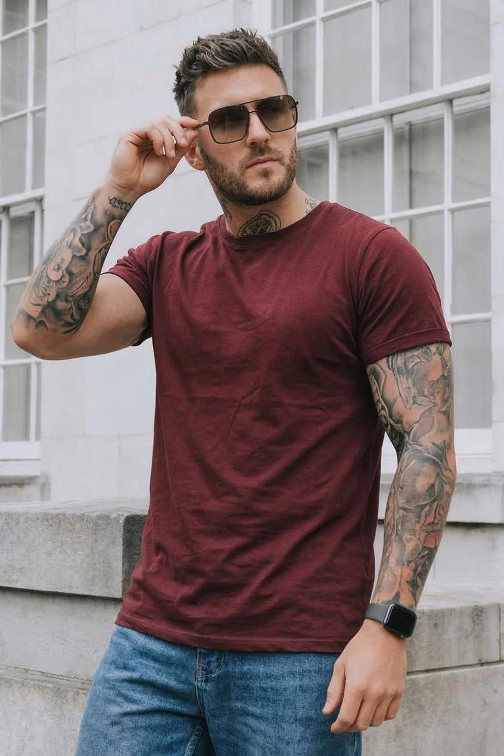 Maroon Plain Regular Fit T-shirt - Image 3