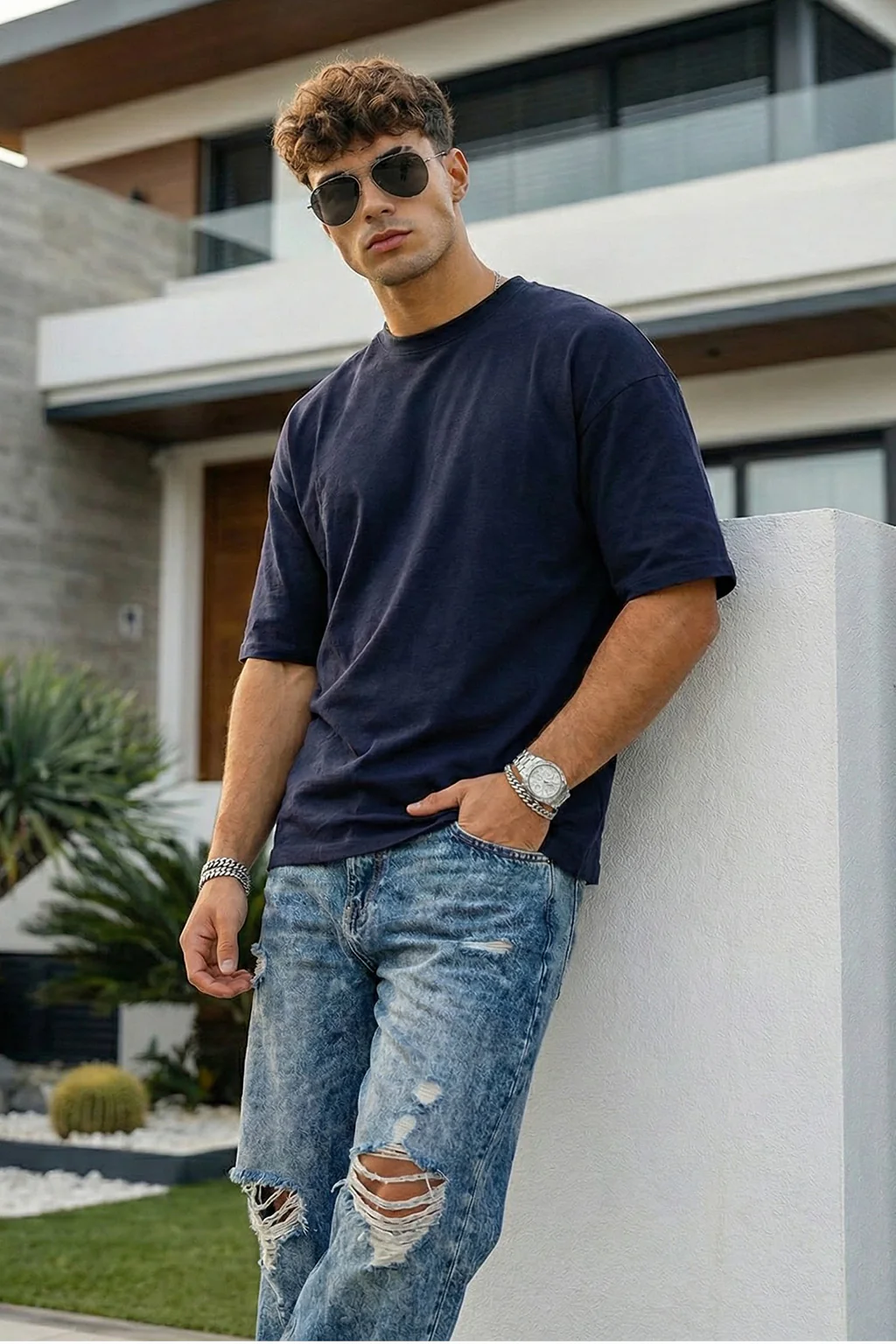 Navy Plain Oversized T-shirt - Image 3