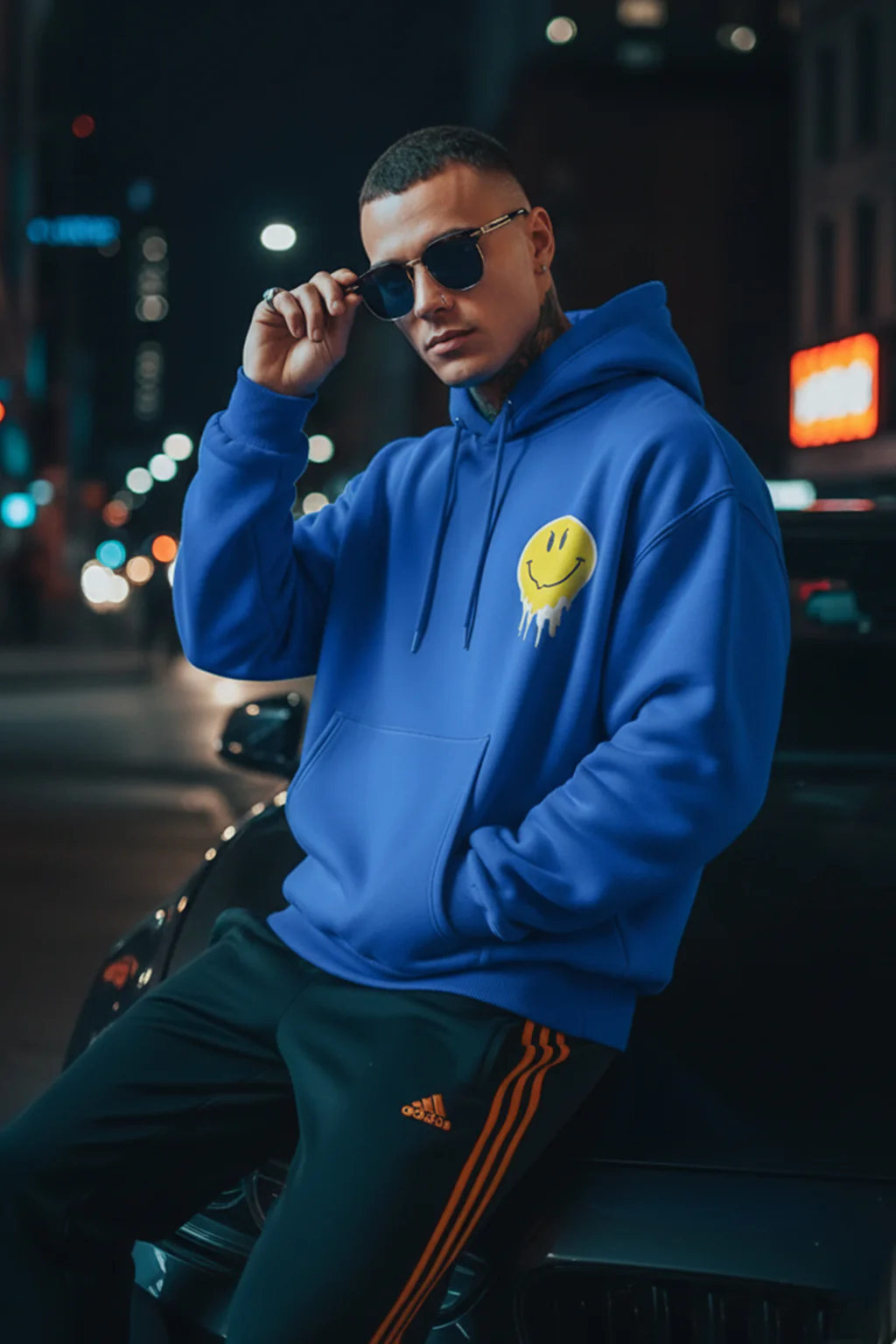 Smile Blue Oversized Pocket Graphic Printed Hoodie - Image 4
