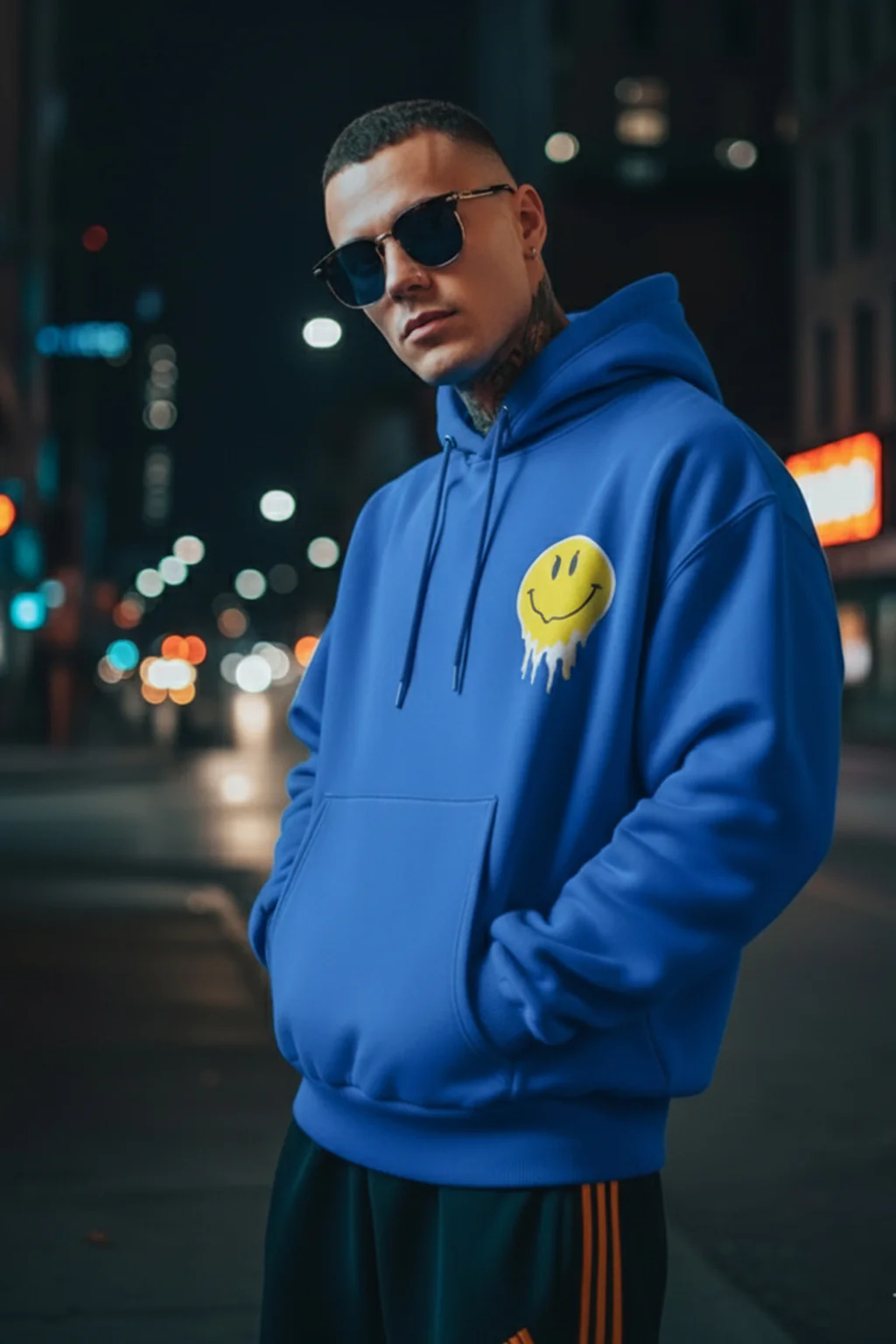 Smile Blue Oversized Pocket Graphic Printed Hoodie - Image 5