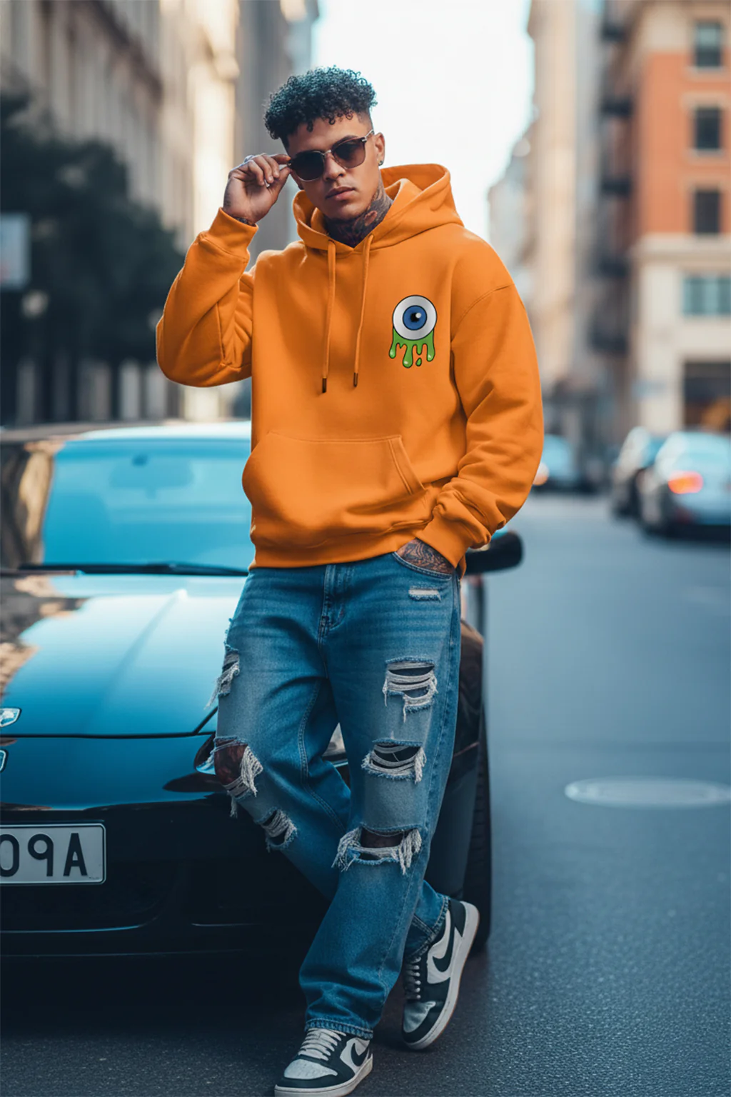 Eye Orange Oversized Pocket Graphic Printed Hoodie - Image 4