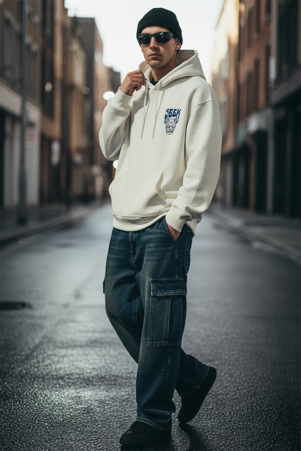 Seek Off-White Oversized Pocket Graphic Printed Hoodie - Image 3