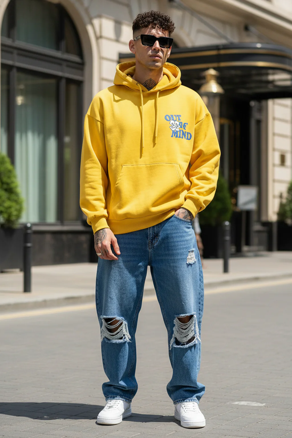 Out of Mind Mustard Oversized Pocket Typographic Printed  Hoodie - Image 4