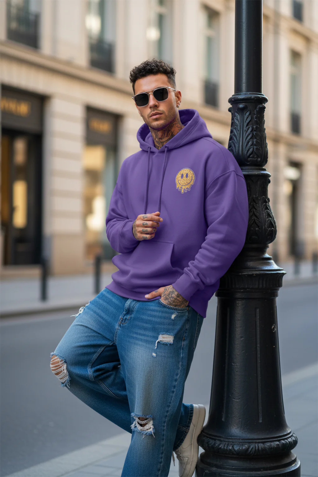 Smile Purple Oversized Pocket Graphic Printed Hoodie - Image 3