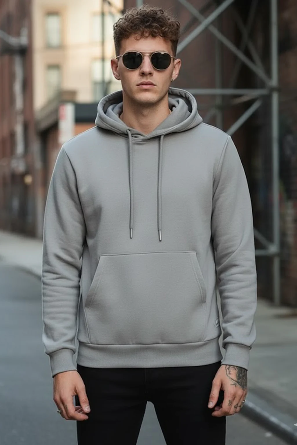 Grey Plain Regular Fit Hoodie - Image 4