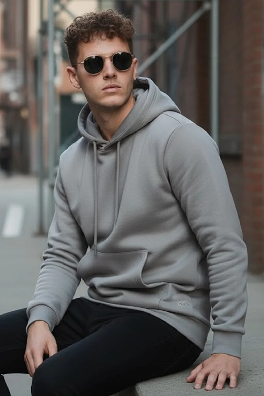 Grey Plain Regular Fit Hoodie - Image 5
