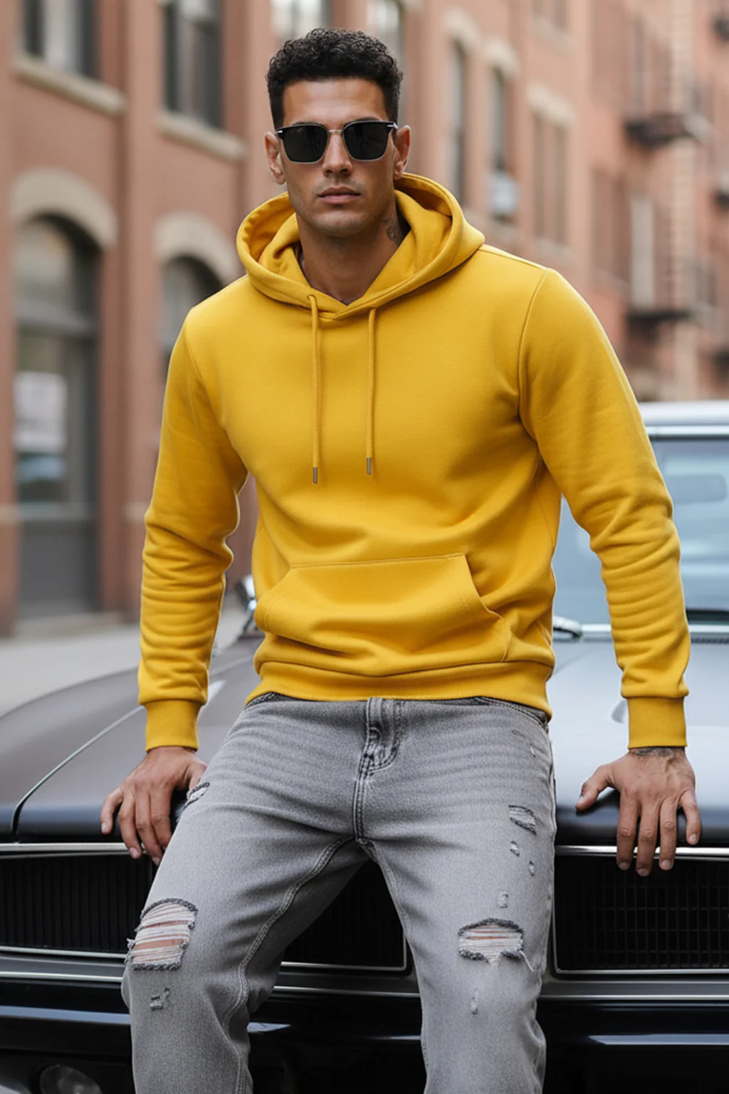 Mustard Plain Regular Hoodie - Image 2