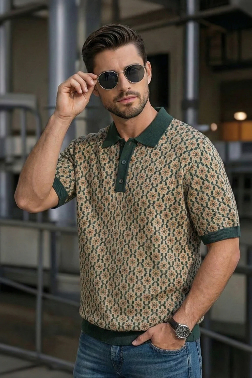 Milano Mosaic Green Flatknit Textured Loose Fit Exclusive Polo T-Shirt - Image 3