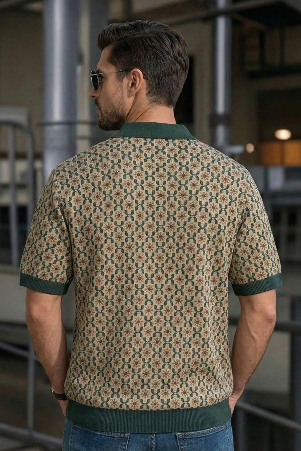 Milano Mosaic Green Flatknit Textured Loose Fit Exclusive Polo T-Shirt - Image 4