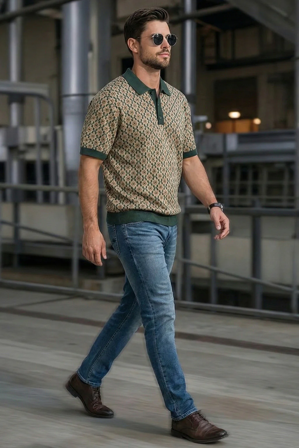 Milano Mosaic Green Flatknit Textured Loose Fit Exclusive Polo T-Shirt - Image 5