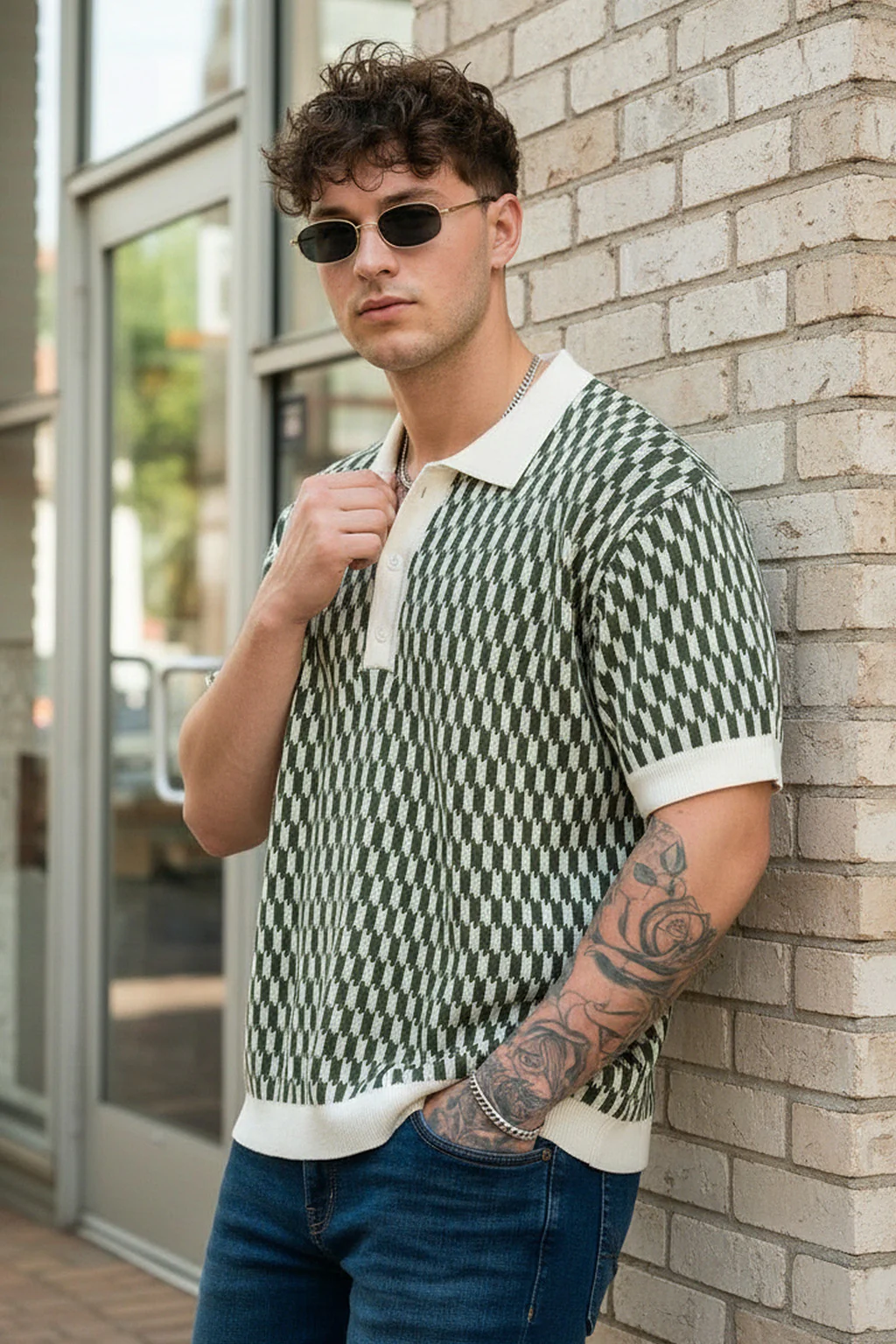 Monarch Pattern Green Flatknit Textured Boxy Fit Exclusive Polo T-Shirt - Image 3