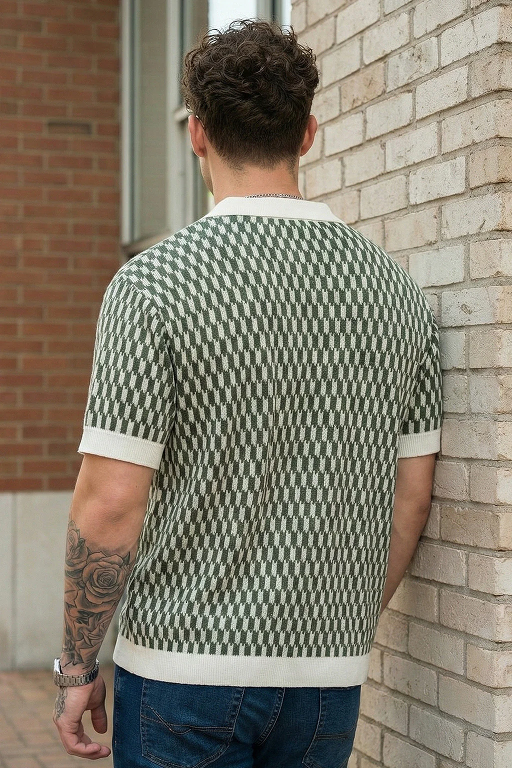 Monarch Pattern Green Flatknit Textured Boxy Fit Exclusive Polo T-Shirt - Image 4