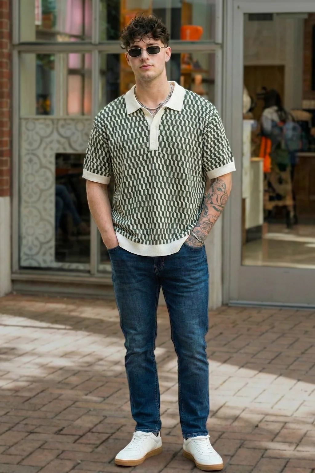 Monarch Pattern Green Flatknit Textured Boxy Fit Exclusive Polo T-Shirt - Image 5