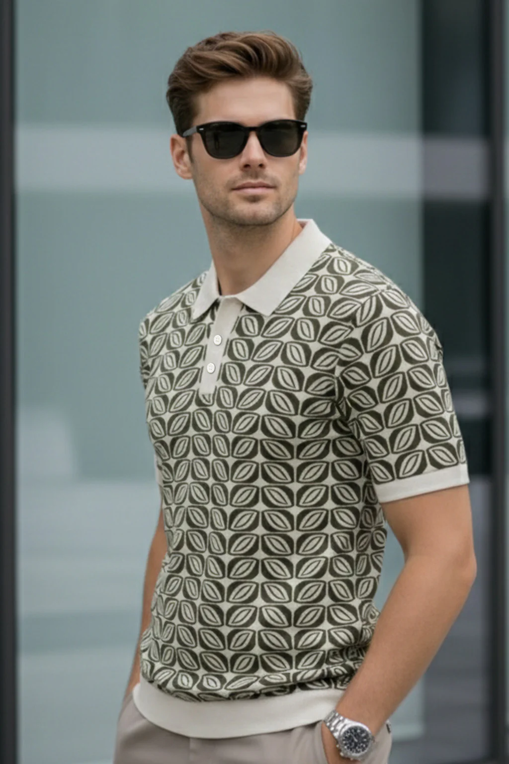 Monarch Pattern White & Olive Flatknit Textured Regular Fit Exclusive Polo T-Shirt - Image 3