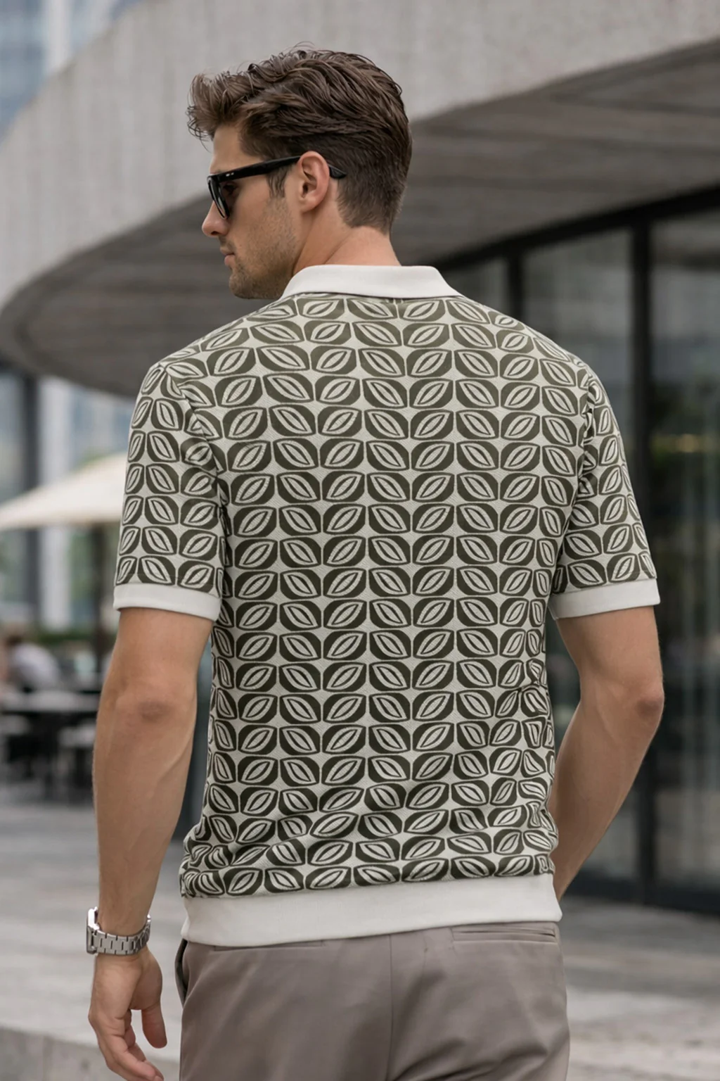 Monarch Pattern White & Olive Flatknit Textured Regular Fit Exclusive Polo T-Shirt - Image 4