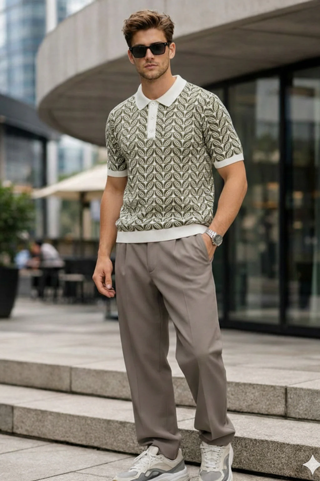 Monarch Pattern White & Olive Flatknit Textured Regular Fit Exclusive Polo T-Shirt - Image 5