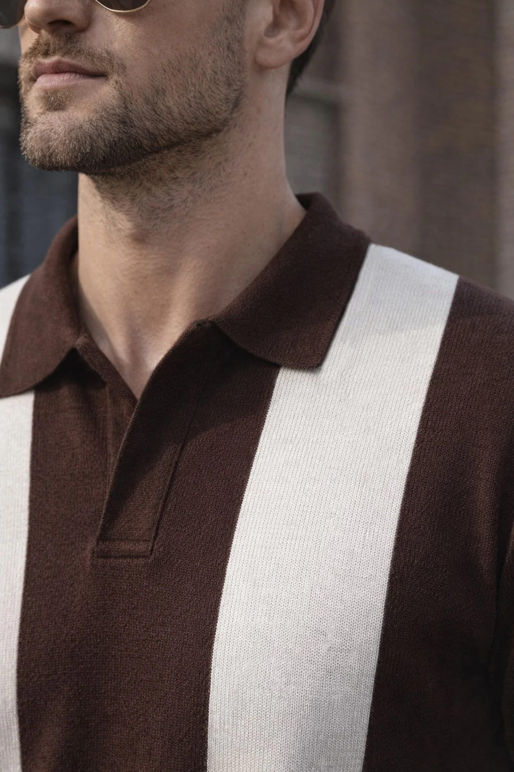 Mono Stripe Brown Flatknit Textured Loose Fit Exclusive Polo T-Shirt - Image 2