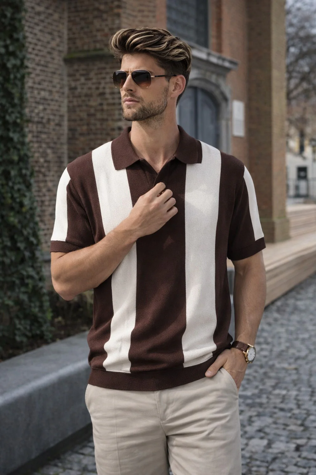 Mono Stripe Brown Flatknit Textured Loose Fit Exclusive Polo T-Shirt - Image 3