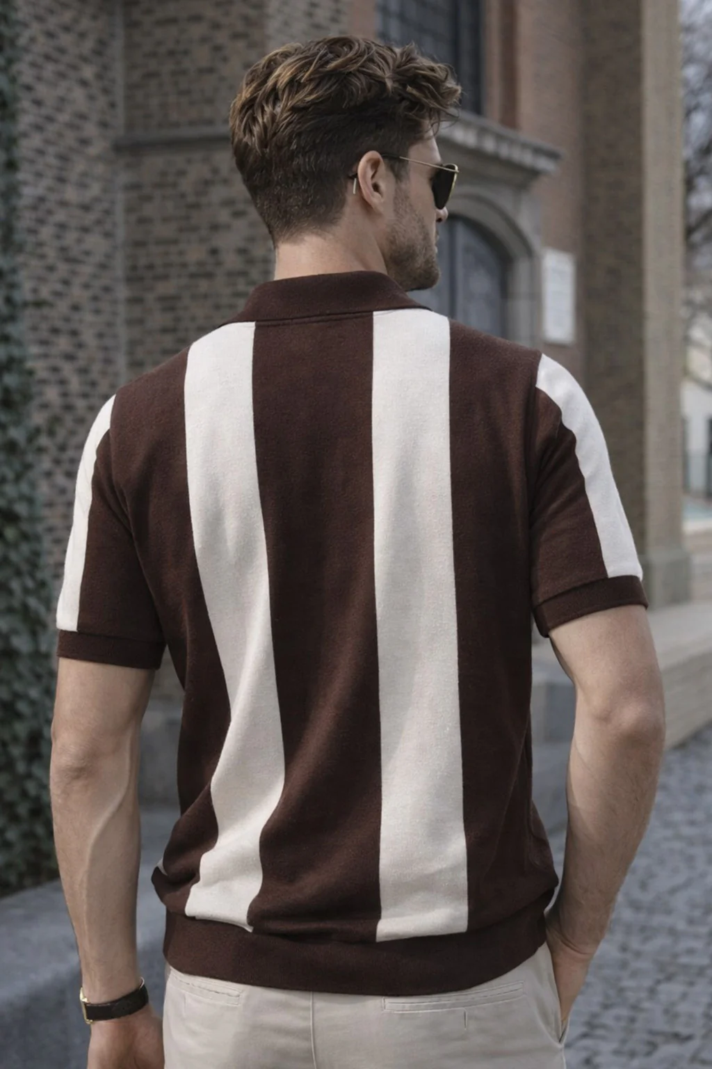 Mono Stripe Brown Flatknit Textured Loose Fit Exclusive Polo T-Shirt - Image 4