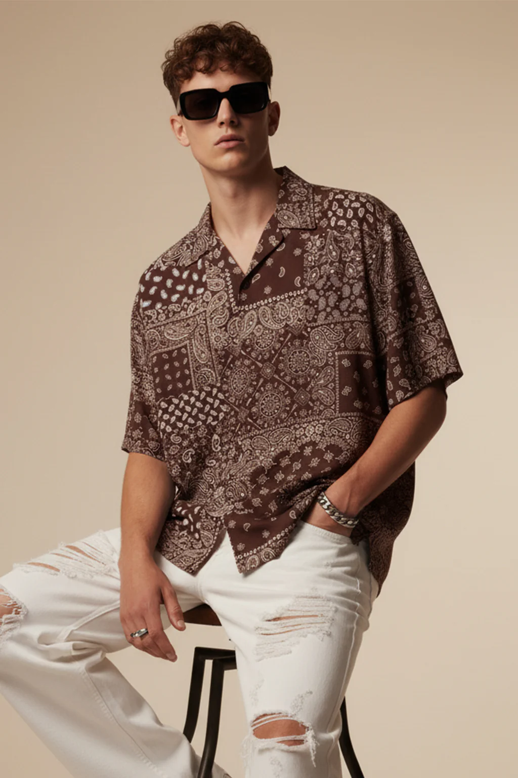 Monochrome Mosaic Brown All Over Print Oversized Exclusive Shirt - Image 4