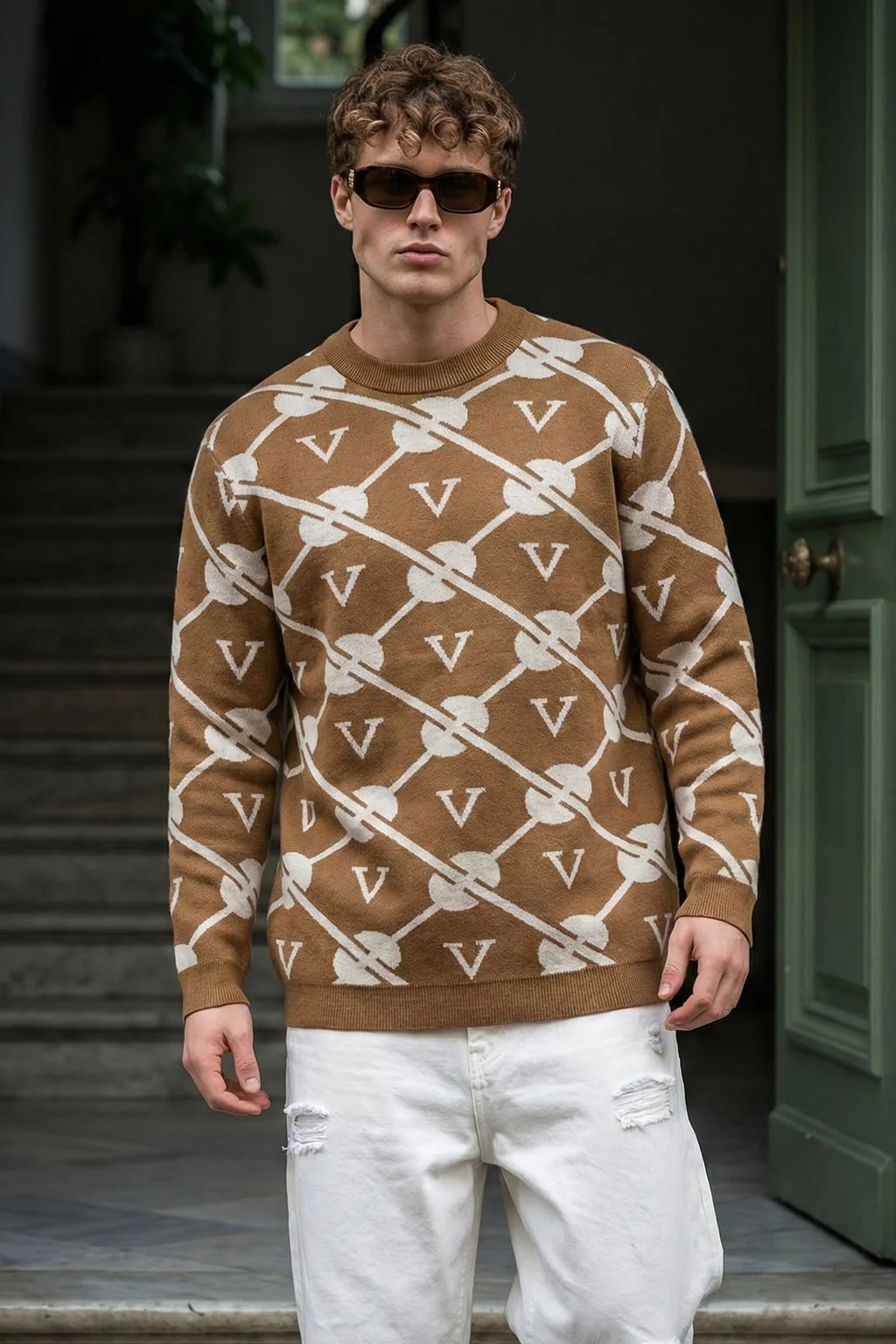 Mustard Yellow Jacquard Printed Regular FIt Sweatshirt - Image 5