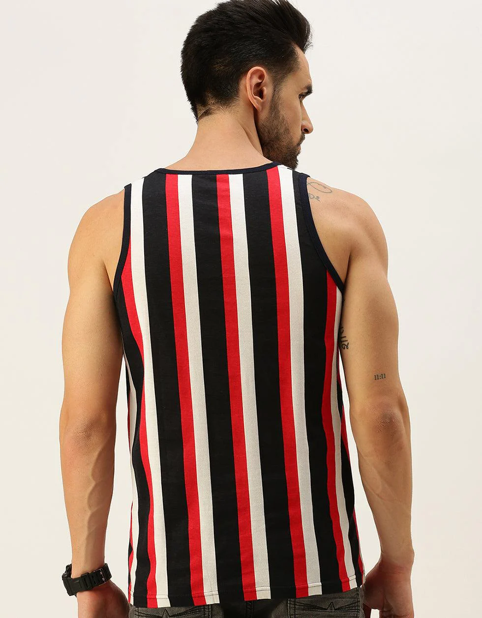 Nautical Stripes Round Neck Printed Gym Men's Vest - Image 3